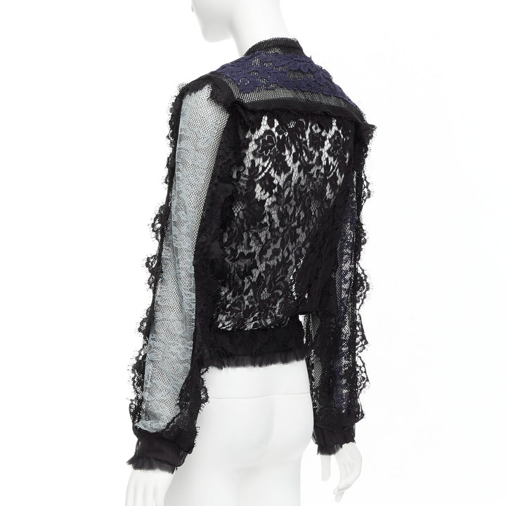 LANVIN blue black intricate lace panels sheer long sleeve jacket FR34 XS