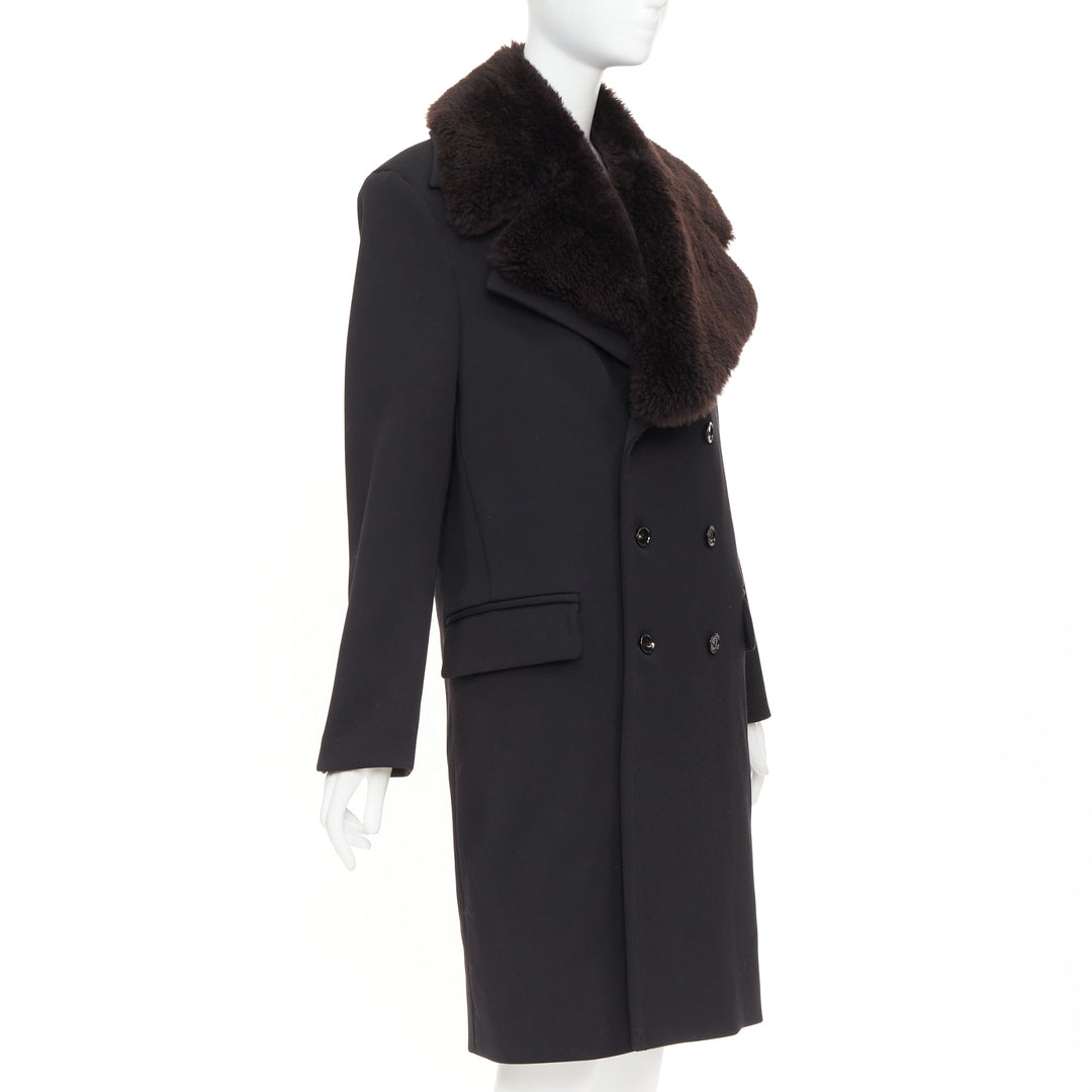 BOTTEGA VENETA Daniel Lee black wool brown lamb shearling collar  coat IT44 L