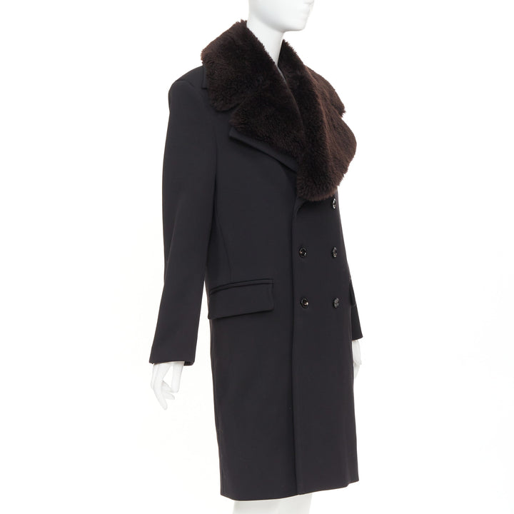 BOTTEGA VENETA Daniel Lee black wool brown lamb shearling collar  coat IT44 L