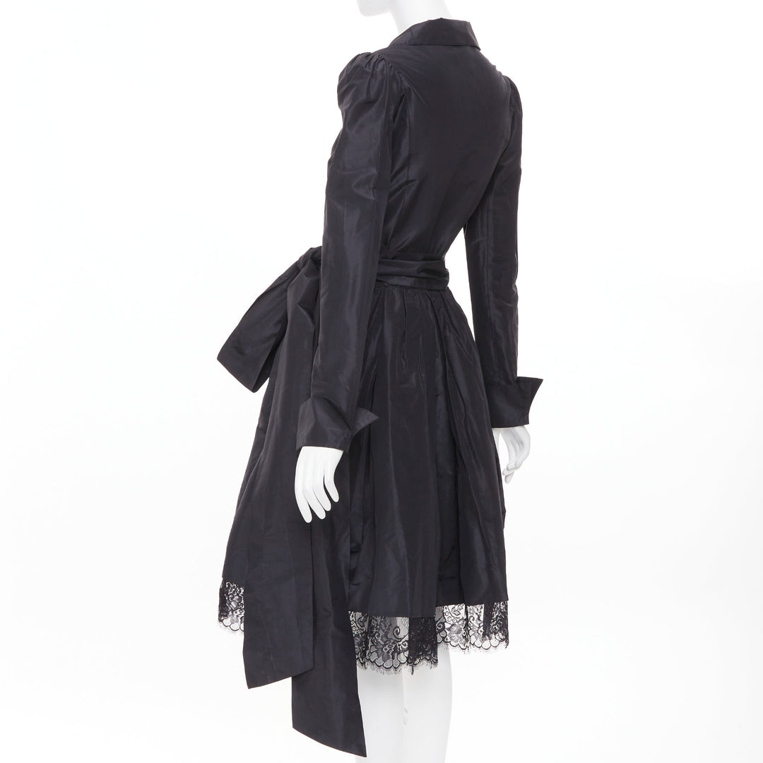DIANE VON FURSTENBERG black scalloped lace hem silk taffeta wrap dress US8 L