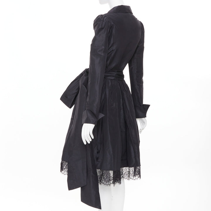 DIANE VON FURSTENBERG black scalloped lace hem silk taffeta wrap dress US8 L