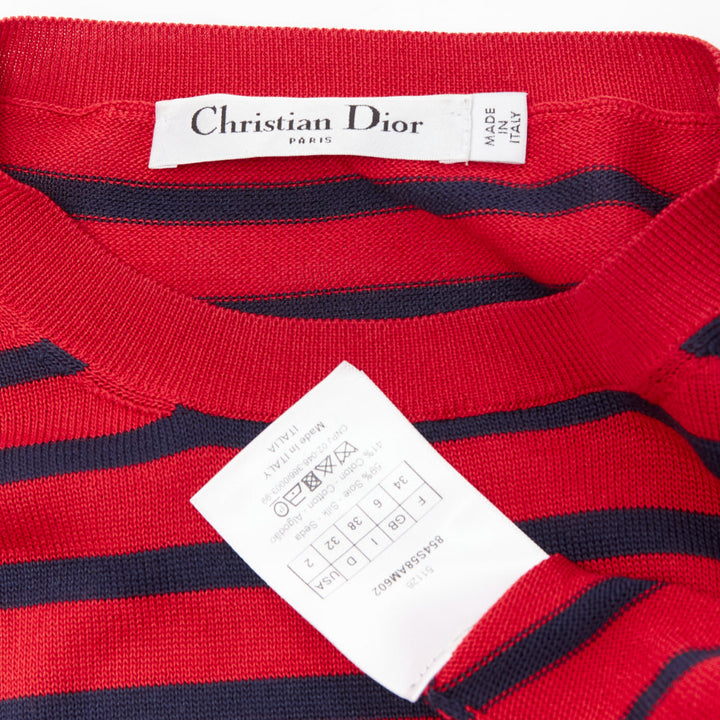 CHRISTIAN DIOR J'Adior 8 red navy striped silk cotton sweater top FR34 XS