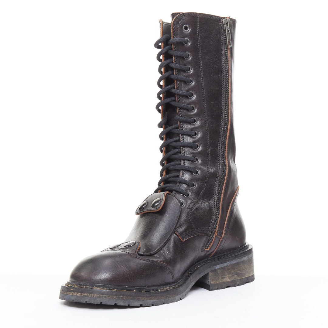 rare ANN DEMEULEMEESTER black leather snap button panels tall combat boots EU36