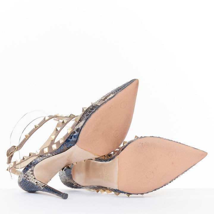 VALENTINO Rockstud python leather beige cage ankle strap stiletto pumps EU37