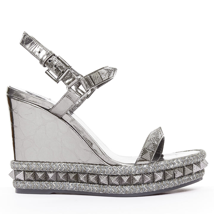 CHRISTIAN LOUBOUTIN Pyraclou 110 Anthracite silver studded espadrille wedge EU37