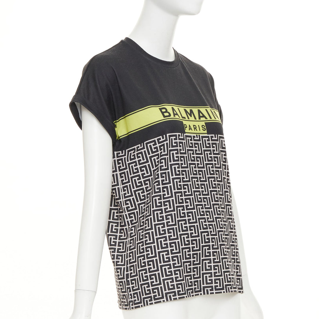 BALMAIN black yellow logo graphic printed rolled sleeves tshirt XS