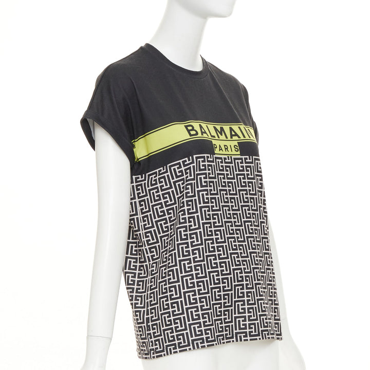 BALMAIN black yellow logo graphic printed rolled sleeves tshirt XS