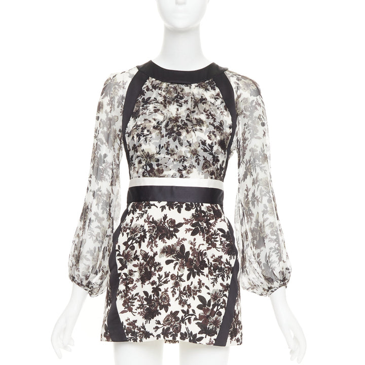 BALENCIAGA 2007 black off white silk chifon floral panel satin mini dress FR36 S