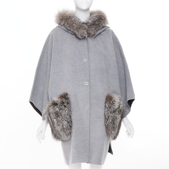 INTUITION PARIS grey cashmere wool real fur hooded removable collar cape coat S