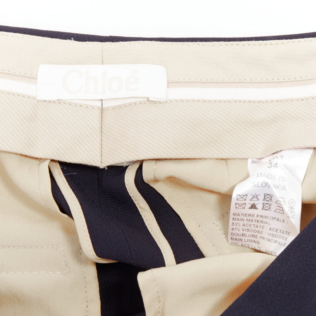 CHLOE navy concealed fly back darts tapered flare pants FR34 XS
