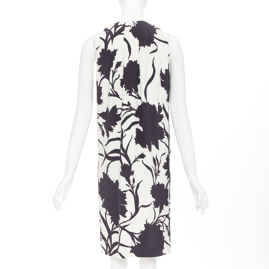 CHRISTIAN DIOR cream black 100% silk bold floral print ruched neck dress FR36 S