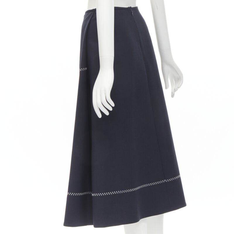 ELLERY navy polyester wool white cross hatch stitching flared skirt US2 XS