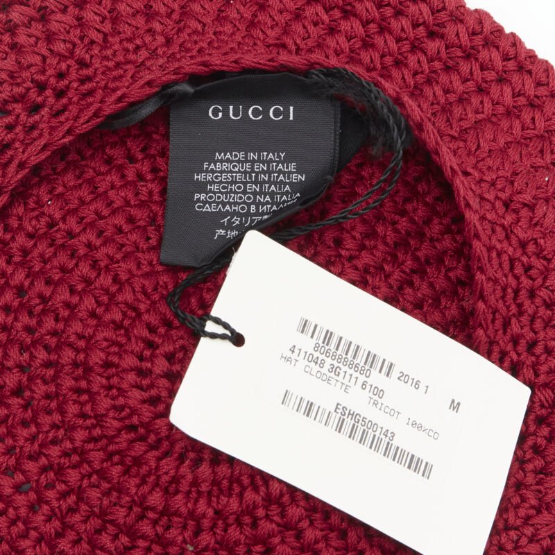 GUCCI Michele 100% cotton burgundy red pom pom knit beret hat M 57cm