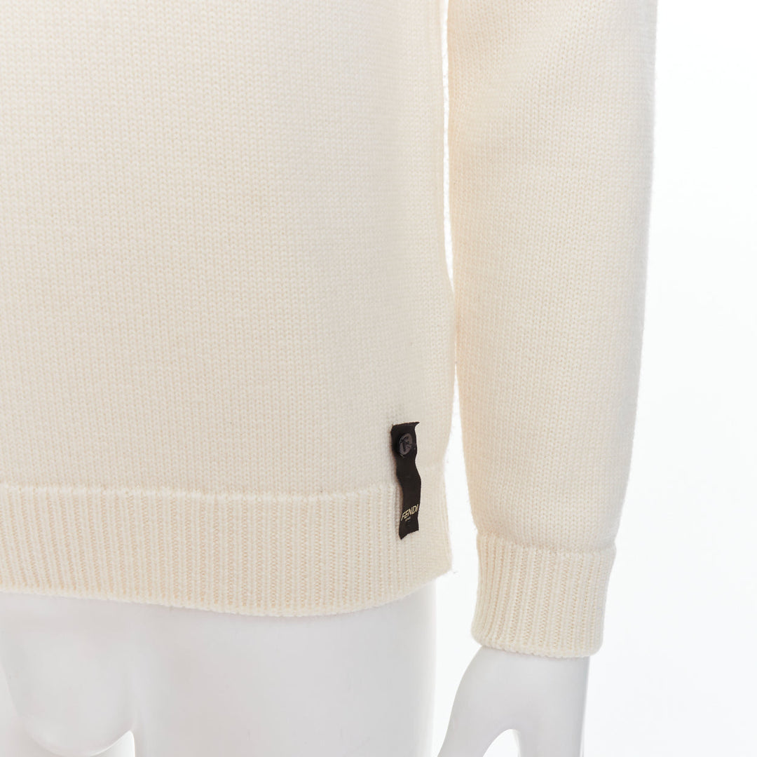 Male mannequin wearing Fendi Cream Wool Men Sweater in Size IT46 | Available at JHROP