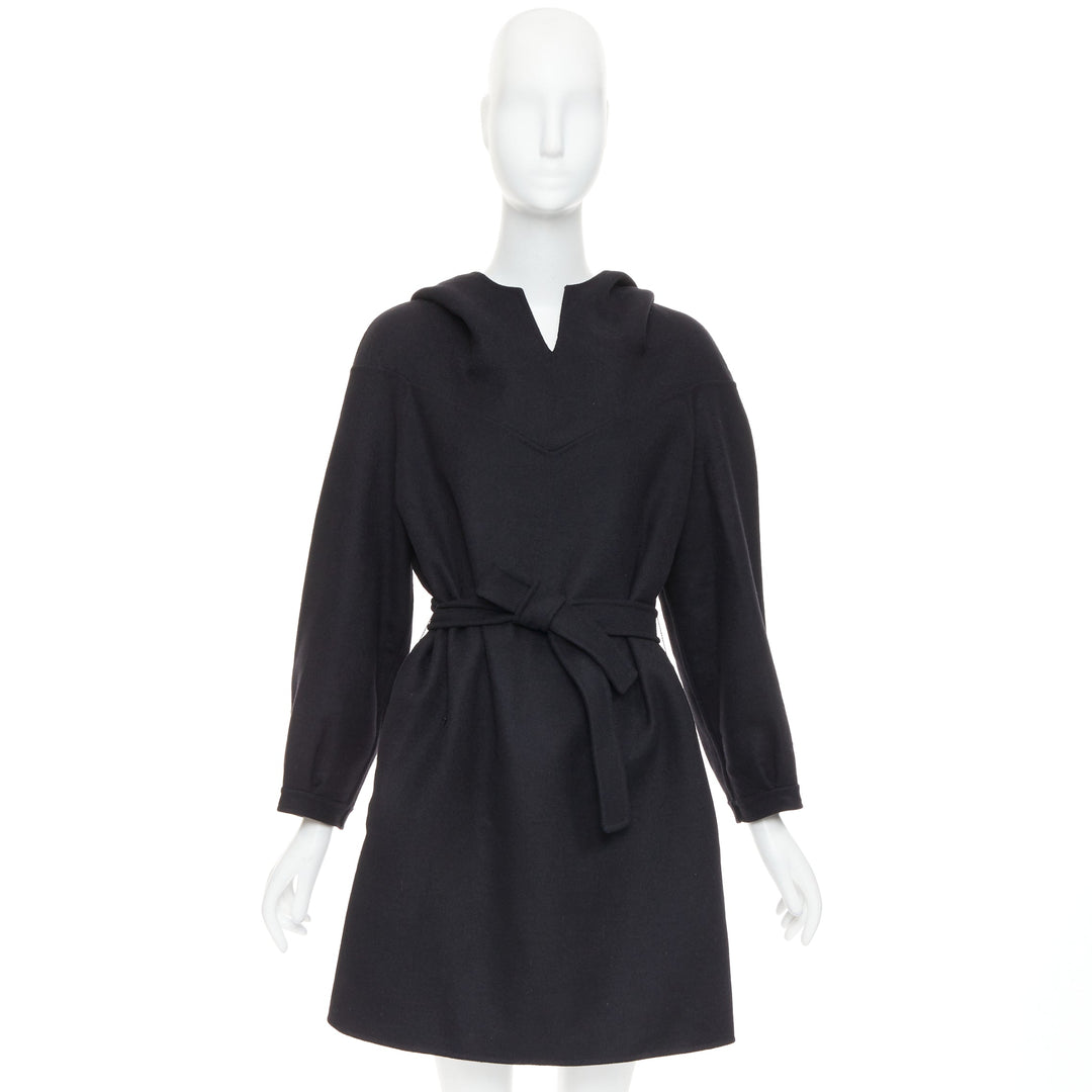 CHRISTIAN DIOR black wool angora cashgora hooded belted popover dress FR38 M