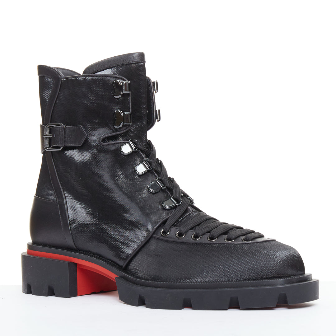 CHRISTIAN LOUBOUTIN Our Macademia Flat Toile black canvas combat boot EU43 US10