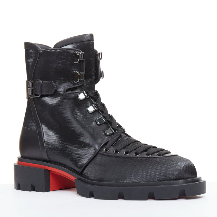 CHRISTIAN LOUBOUTIN Our Macademia Flat Toile black canvas combat boot EU42 US9