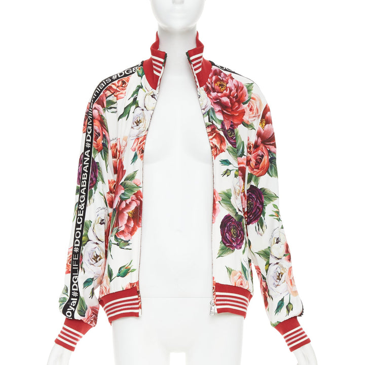 DOLCE GABBANA red rose floral print striped silk track bomber jacket IT36 XXS