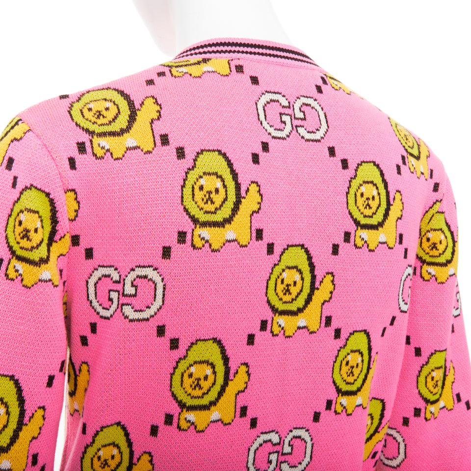 GUCCI PIKARAR pink yellow cotton Kawaii Lion GG monogram cropped cardigan XXS
