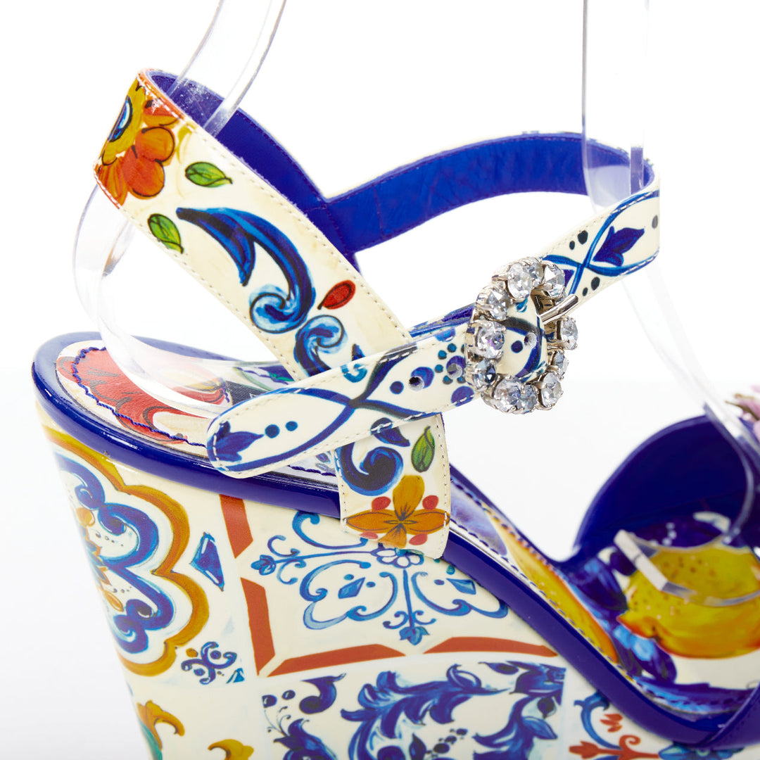 DOLCE GABBANA Bianca blue Majolica print floral embellish platform wedges EU38.5