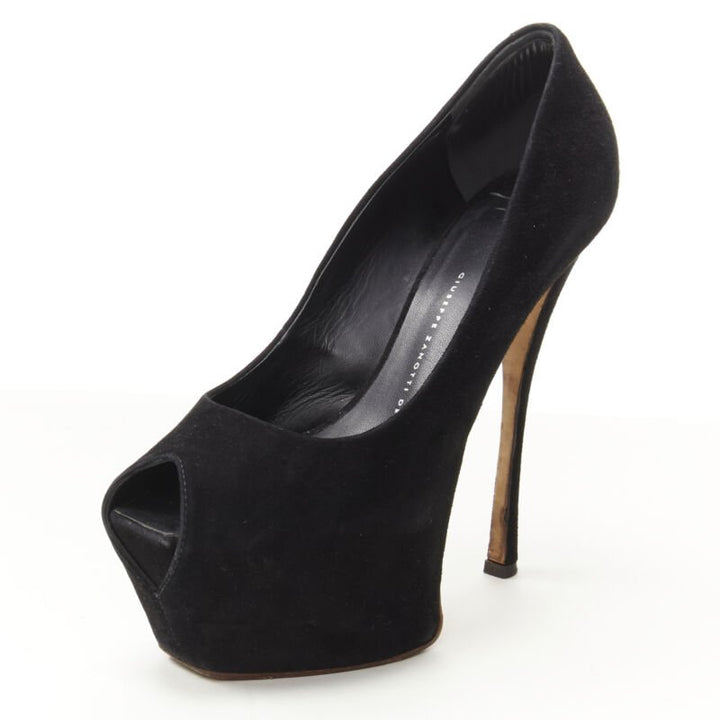 GIUSEPPE ZANOTTI Liza black suede platform high platform peep toe heel EU38