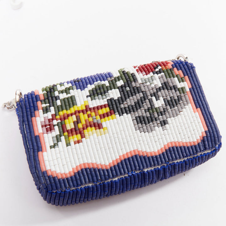 FENDI Micro Baguette blue colorful needlepoint beaded FF logo flap chain bag