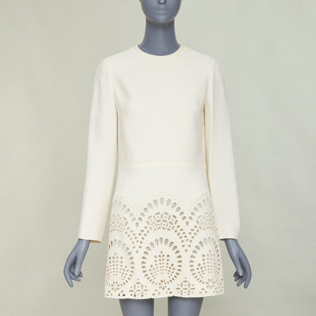 VALENTINO ivory wool silk crepe embroidered anglais shift dress IT40 S
