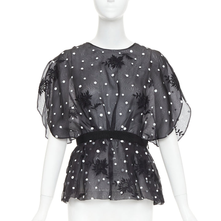 GIAMBATTISTA VALLI black polka dot applique sheer lace peplum top IT42 M