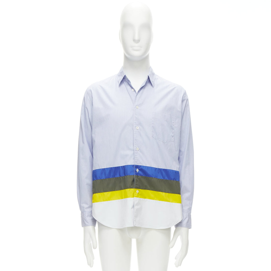 COMME DES GARCONS HOMME 2017 nylon patchwork hem blue pinstriped cotton shirt M