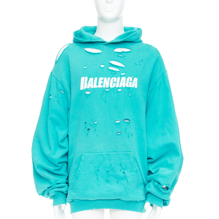 BALENCIAGA Demna 2020 teal destroyed ripped layered logo hoodie S