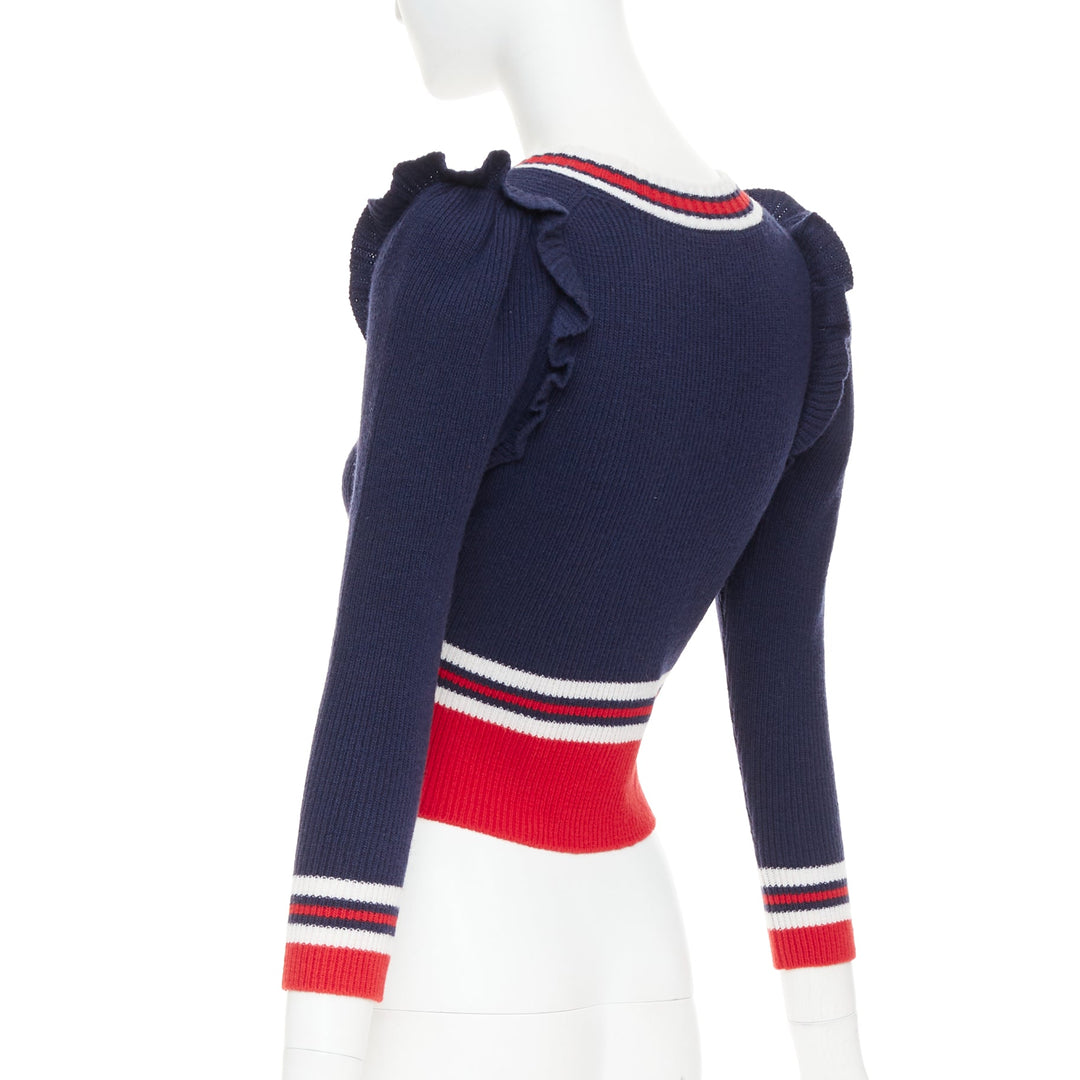 GUCCI 2017 Runway navy red ruffled shoulder cropped V-neck striped sweater XS