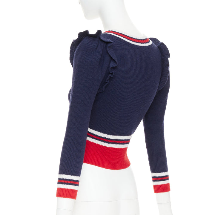 GUCCI 2017 Runway navy red ruffled shoulder cropped V-neck striped sweater XS
