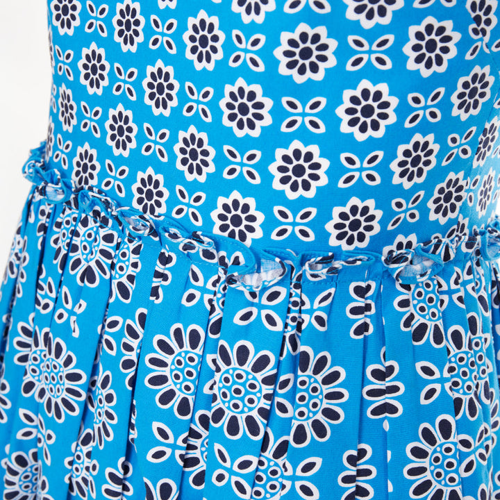 OSCAR DE LA RENTA S16 blue geometric floral print cotton A-line dress US0 XS