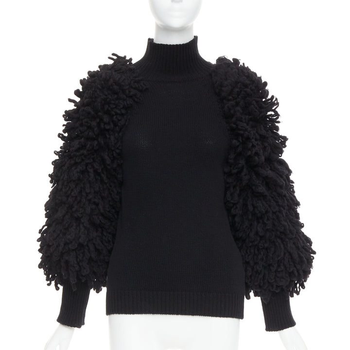 VALENTINO 2024 black virgin wool boucle yarn sleeves turtleneck sweater S