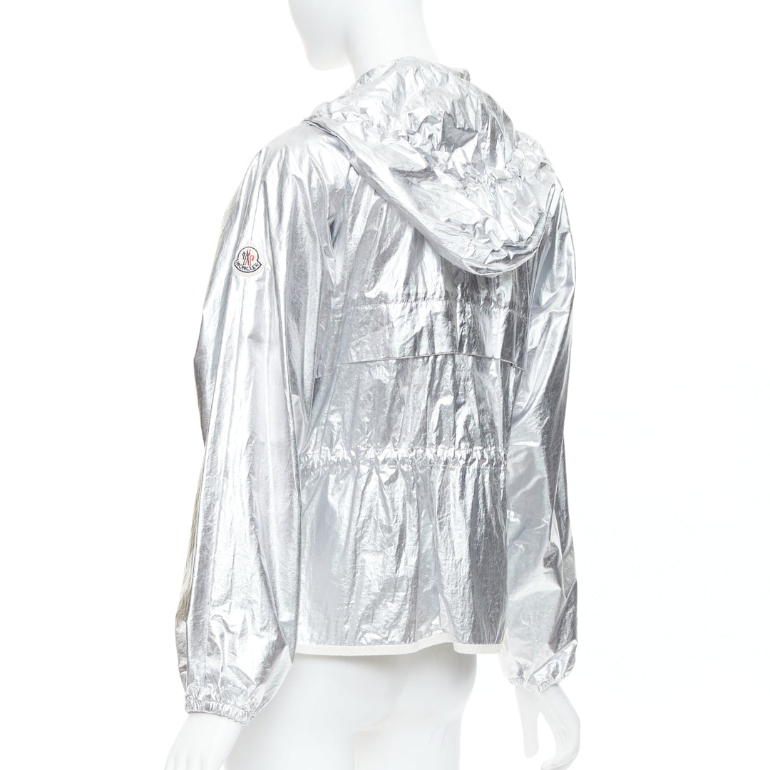 MONCLER silver coated cotton ruched waist hooded windbreaker Sz2