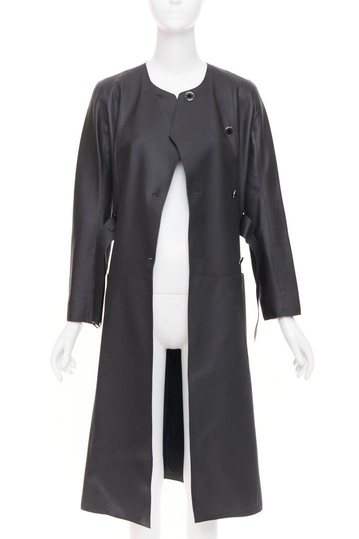 HERMES deerskin asymmetric snap button collared belted long leather coat FR34 XS