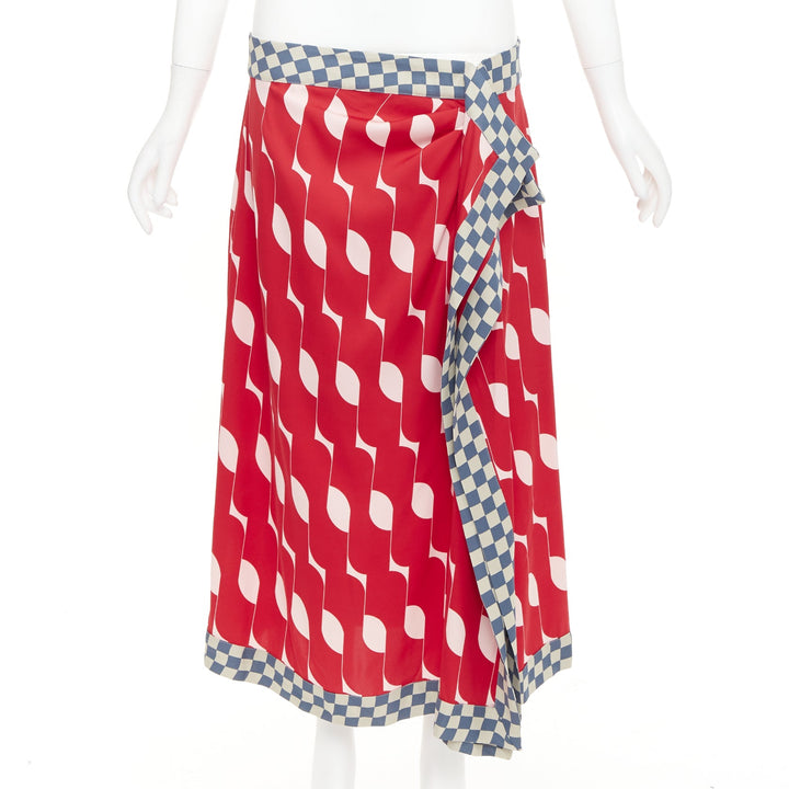 DRIES VAN NOTEN 2024 red silk geometric print wrap checkered midi skirt FR38 M