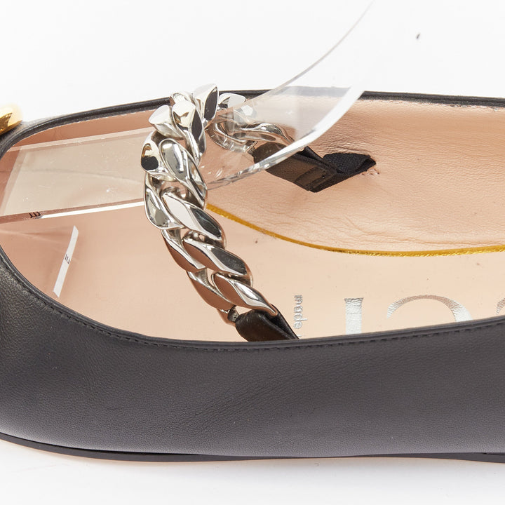 GUCCI 2020 Deva black leather horsebit chain strap pointed ballet flats EU38