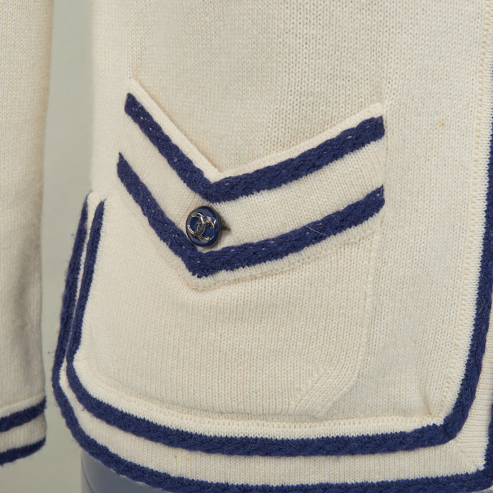 CHANEL 2015 ivory navy blue contrast trim rib pocket cashmere cardigan FR34 XS