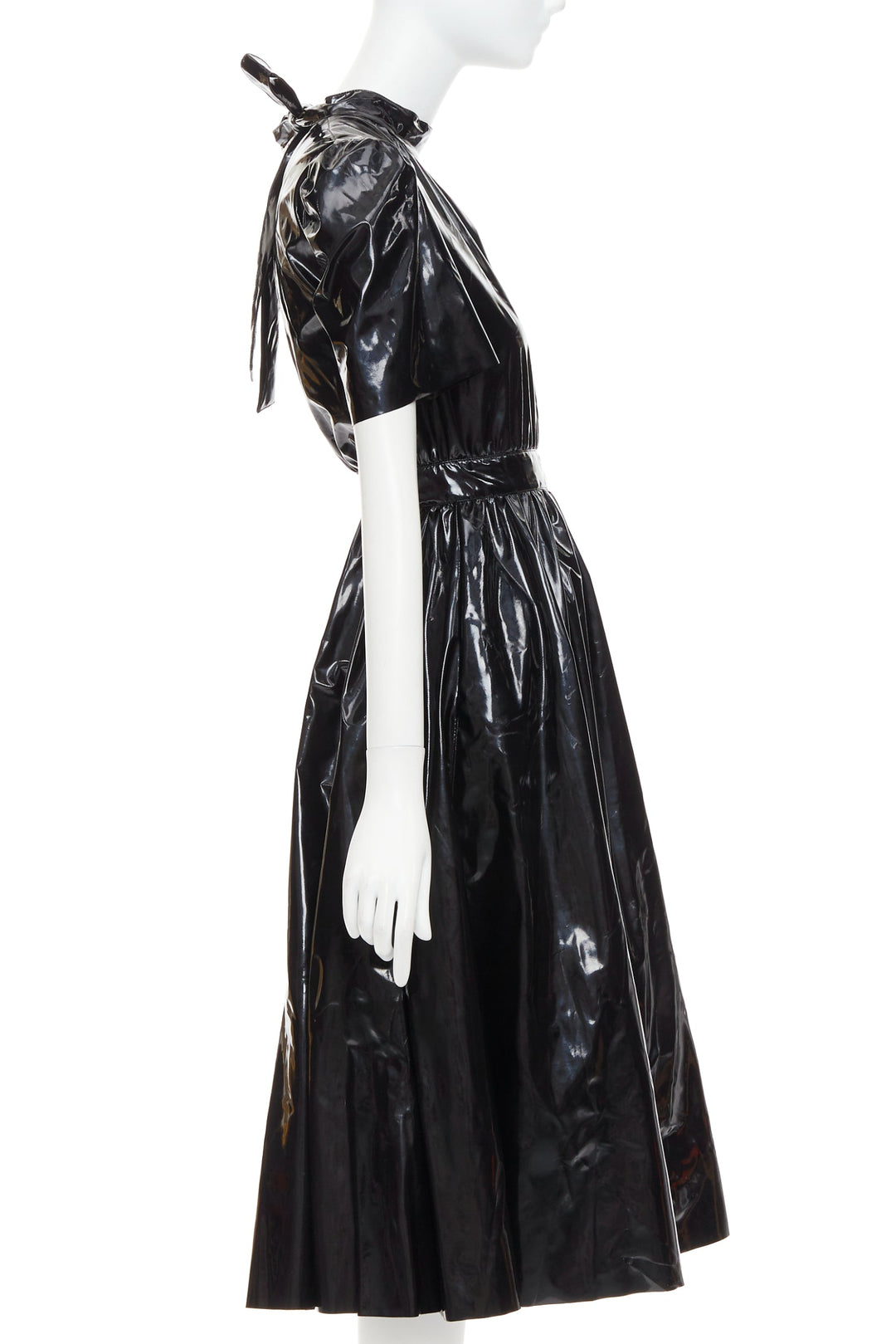 MSGM Vinyl Midi Nero black PVC short sleeve back bow tie midi dress IT38 XS