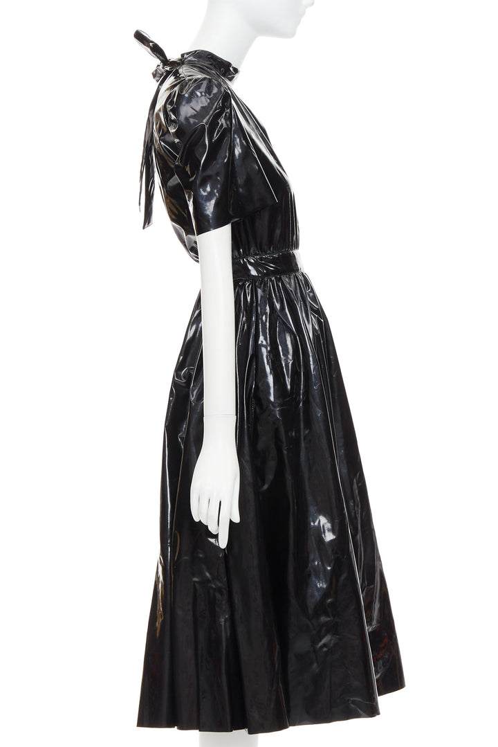 MSGM Vinyl Midi Nero black PVC short sleeve back bow tie midi dress IT38 XS
