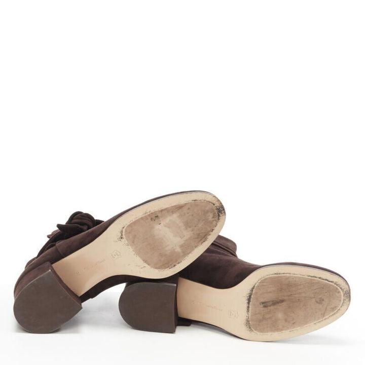 GIANVITO ROSSI dark brown suede wrap tie chunky block heel ankle boot EU37 US7