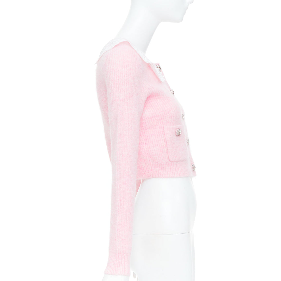 SELF PORTRAIT AW24 lace collar crystal button cropped mohair cardigan S