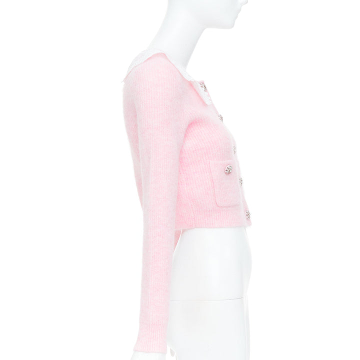 SELF PORTRAIT AW24 lace collar crystal button cropped mohair cardigan S