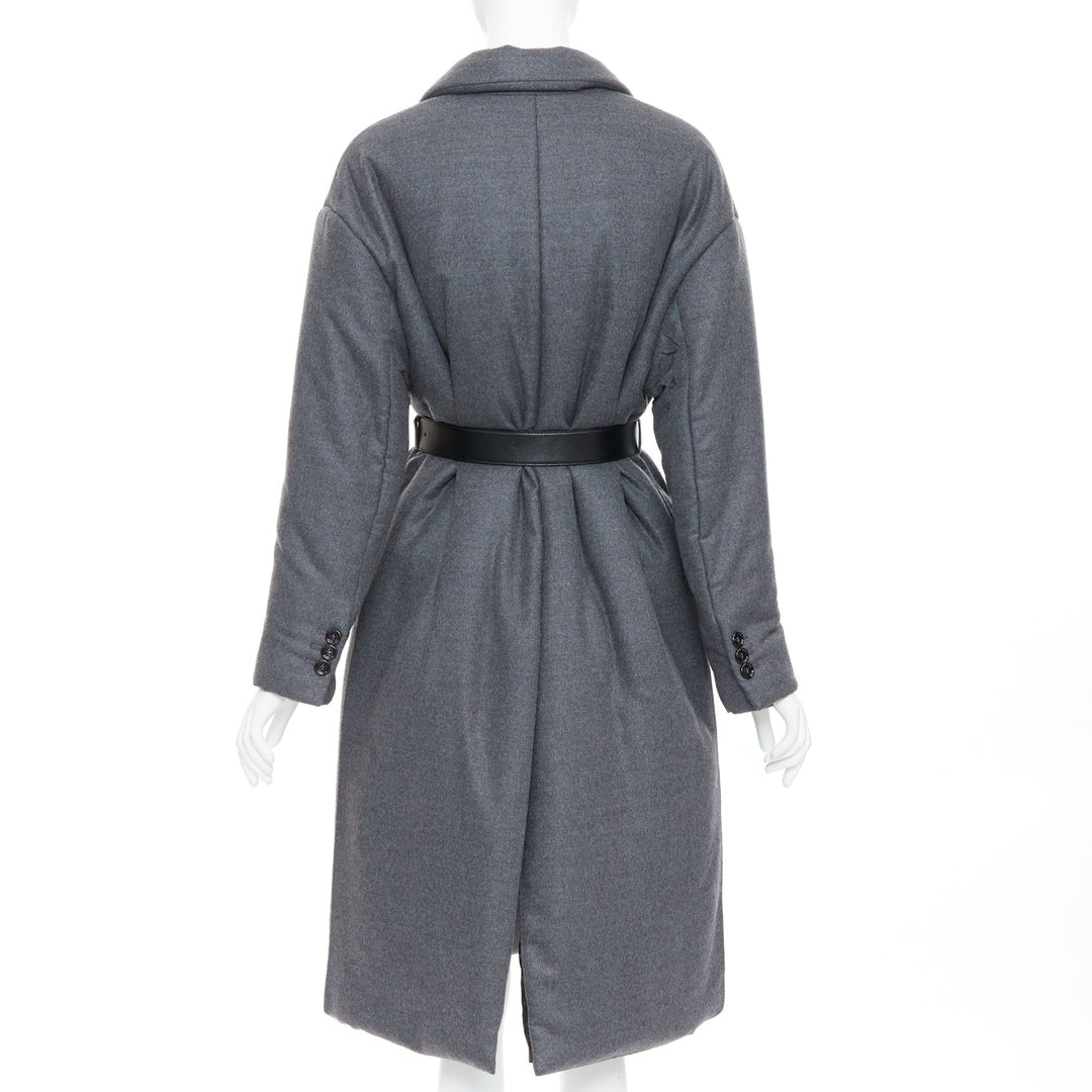 PRADA 2022 grey cashmere wool leather logo belt padded coat IT40 S