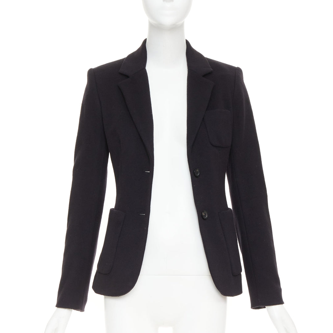 THE ROW black wool deerskin trim 3 patch pockets fitted blazer jacket US2 S
