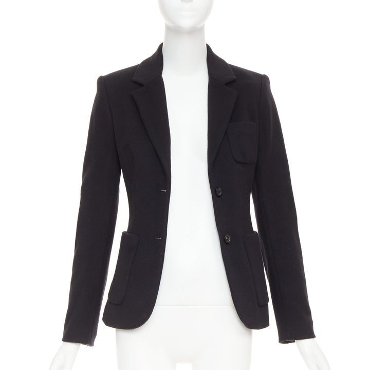THE ROW black wool deerskin trim 3 patch pockets fitted blazer jacket US2 S