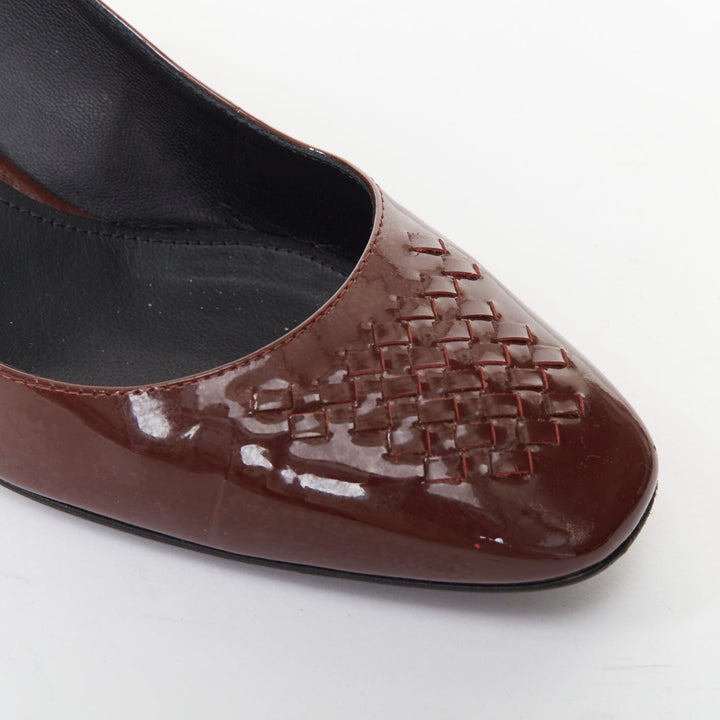 BOTTEGA VENETA burgundy patent leather intrecciato square toe block pumps EU37