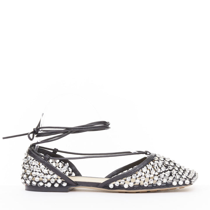 BOTTEGA VENETA Sparkle Stretch black leather crystal mesh lace up flats EU38