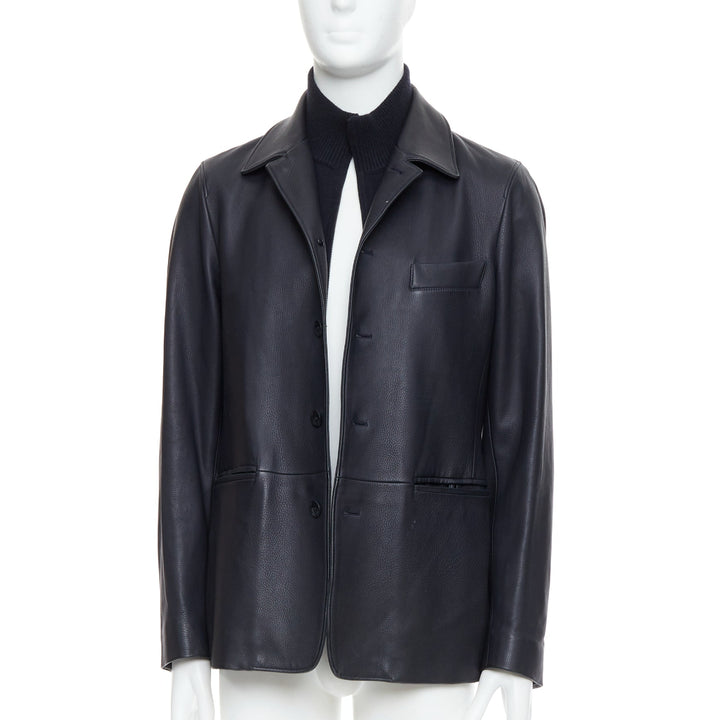 LORO PIANA black deer leather cotton cashmere lined layered coat S